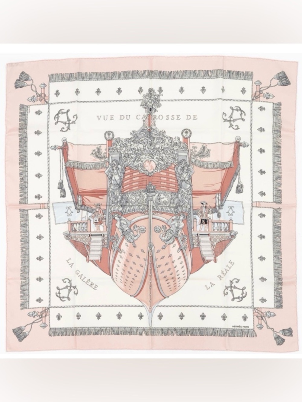HERMES Vintage Carre 90 Silk Pink “Vue du Carrosse de la Galere la Reale Scarf